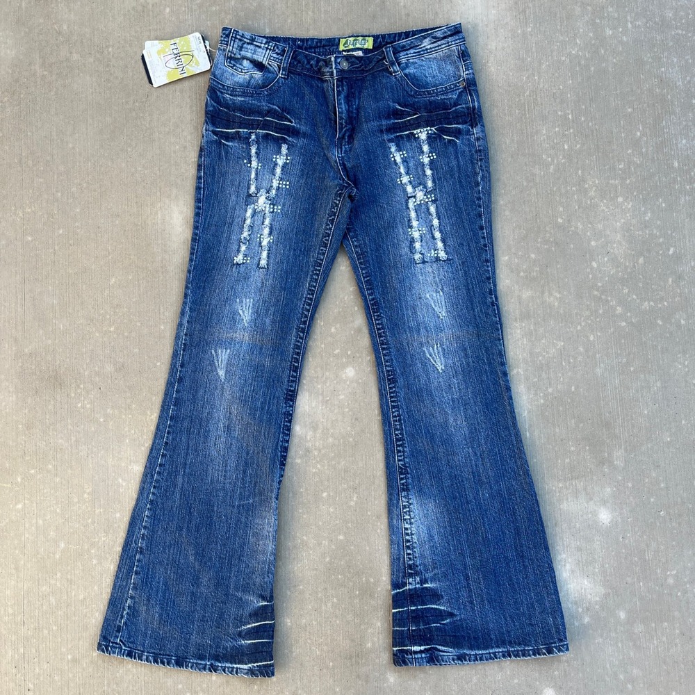 2000s Y2K Ferrini Jeans Women‎ Blue Wash Flared Embellished Denim 34x33.5